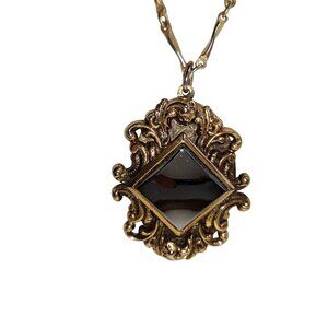 Vintage Hematite Stone Inset Pendant Statement Necklace Gold Tone